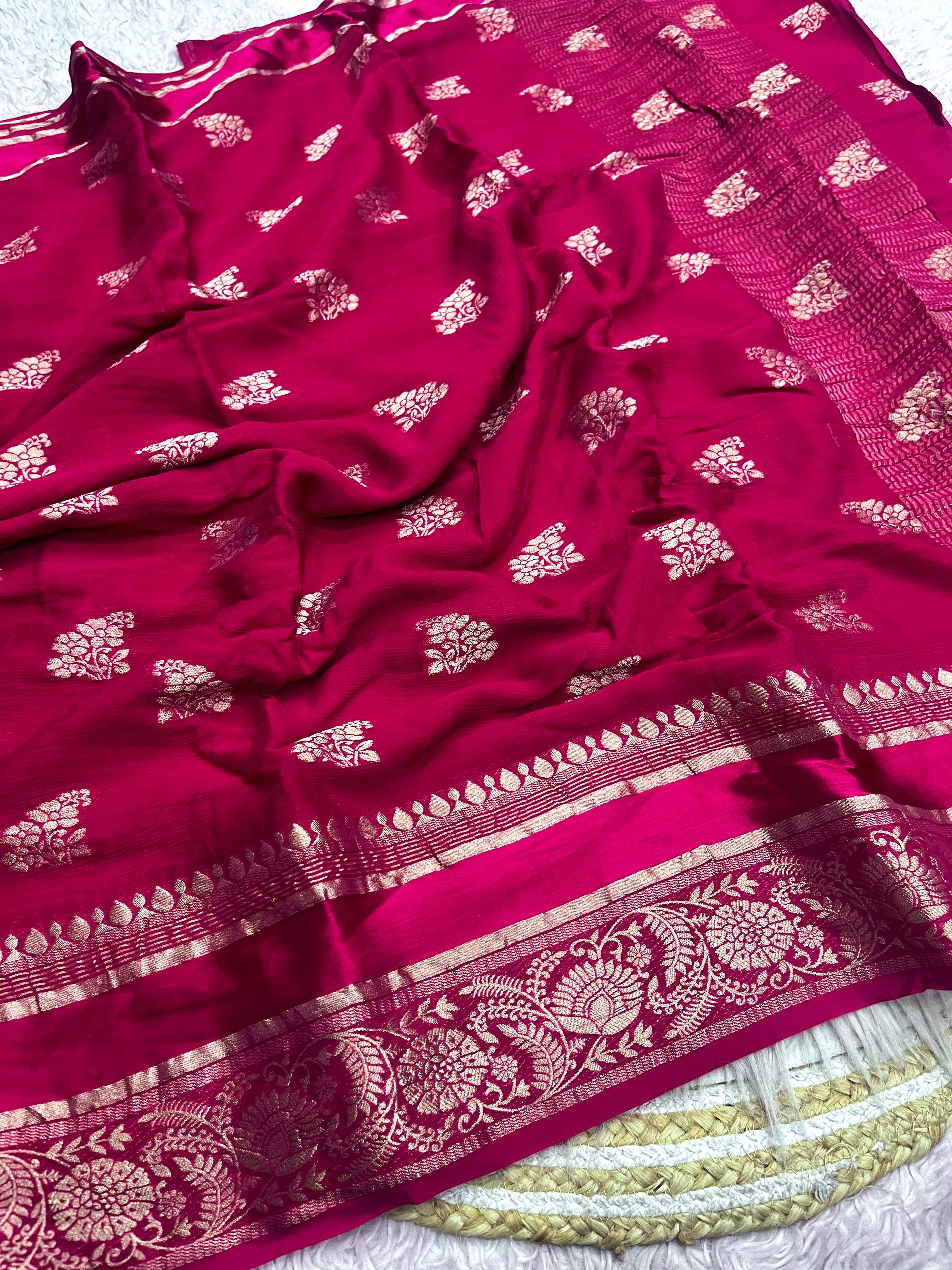 Luxury Festival Wear Chinnon Viscose Satin Patta Zari Weaving Butta n Heavy Pallu Fancy Saree