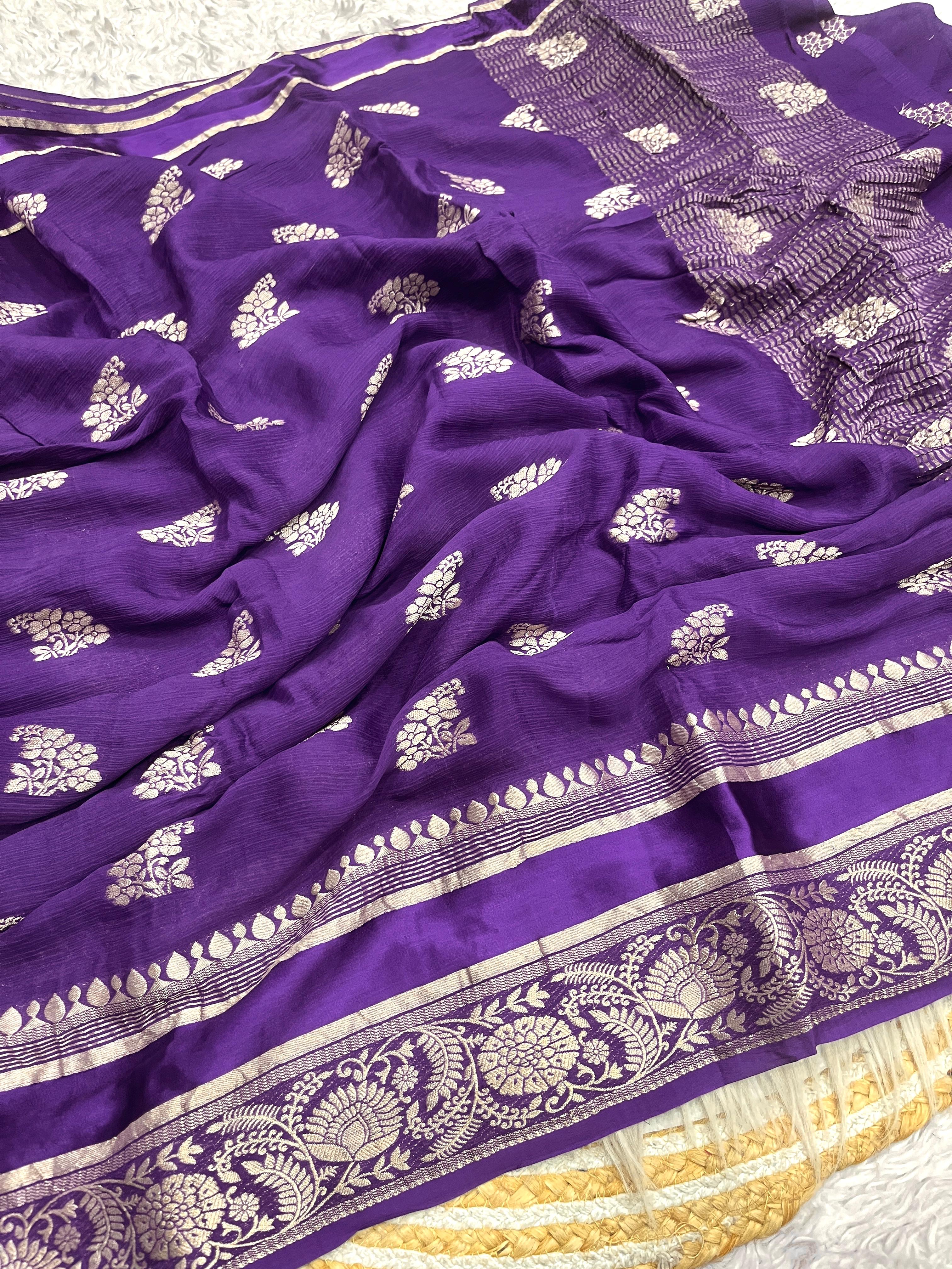 Luxury Festival Wear Chinnon Viscose Satin Patta Zari Weaving Butta n Heavy Pallu Fancy Saree