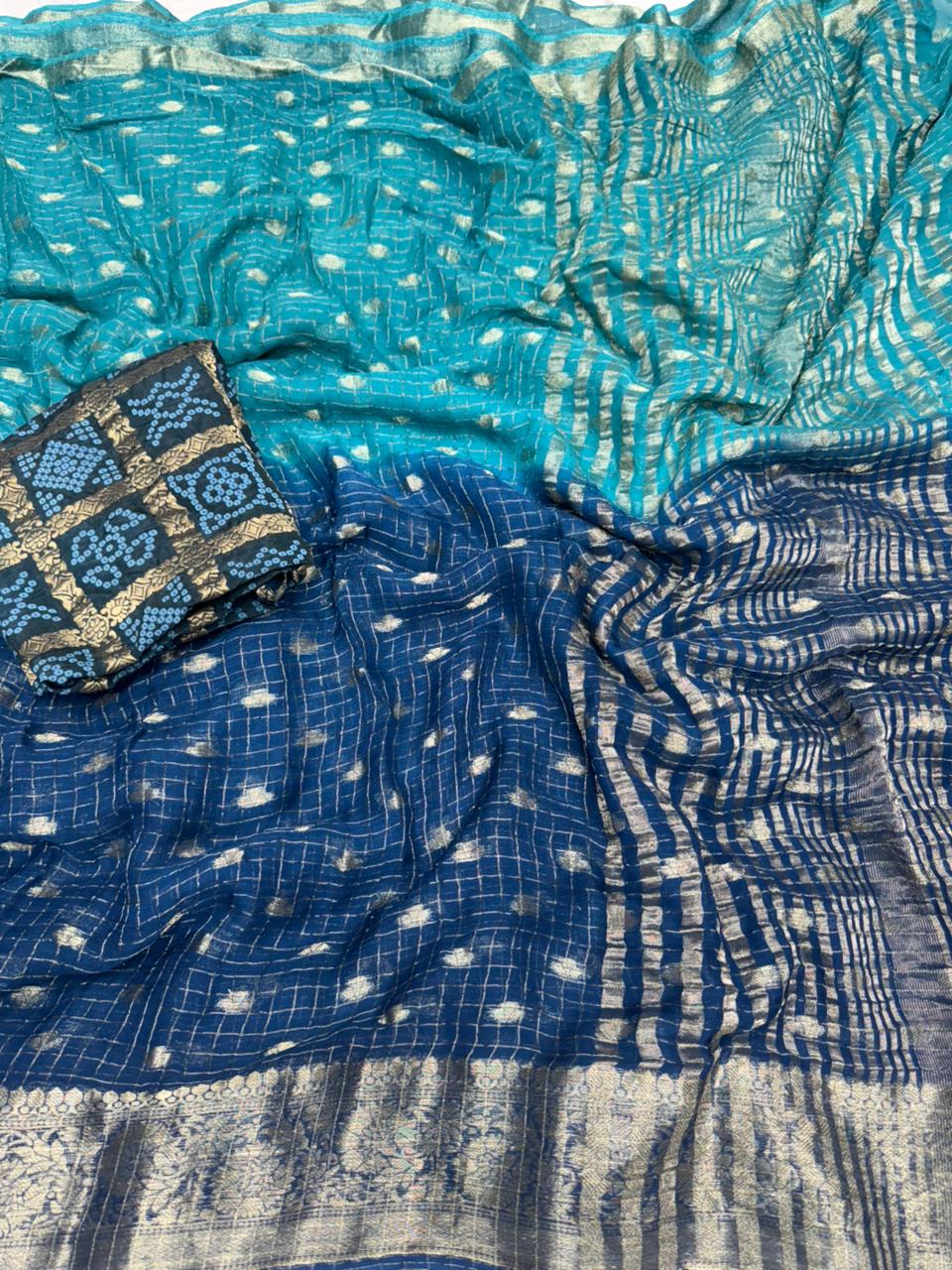 Quintessential Pure Soft Viscose Silk Jacquard Work Fancy Designer Saree Bandhani Print Blouse