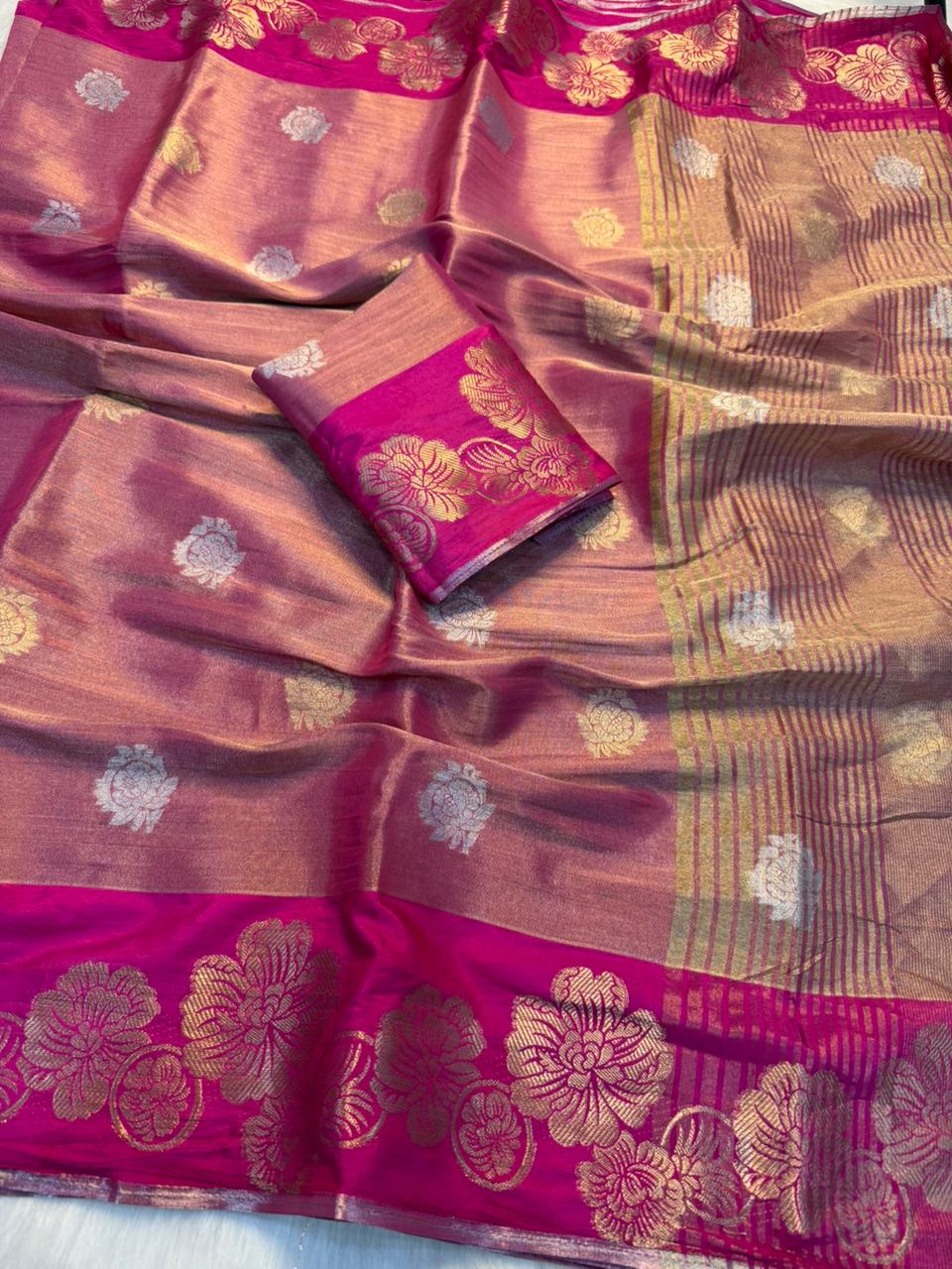 Marvellous Wedding Wear Soft Tissue Silk Jacquard Weaving Rich Pallu Saree With Blouse Peice