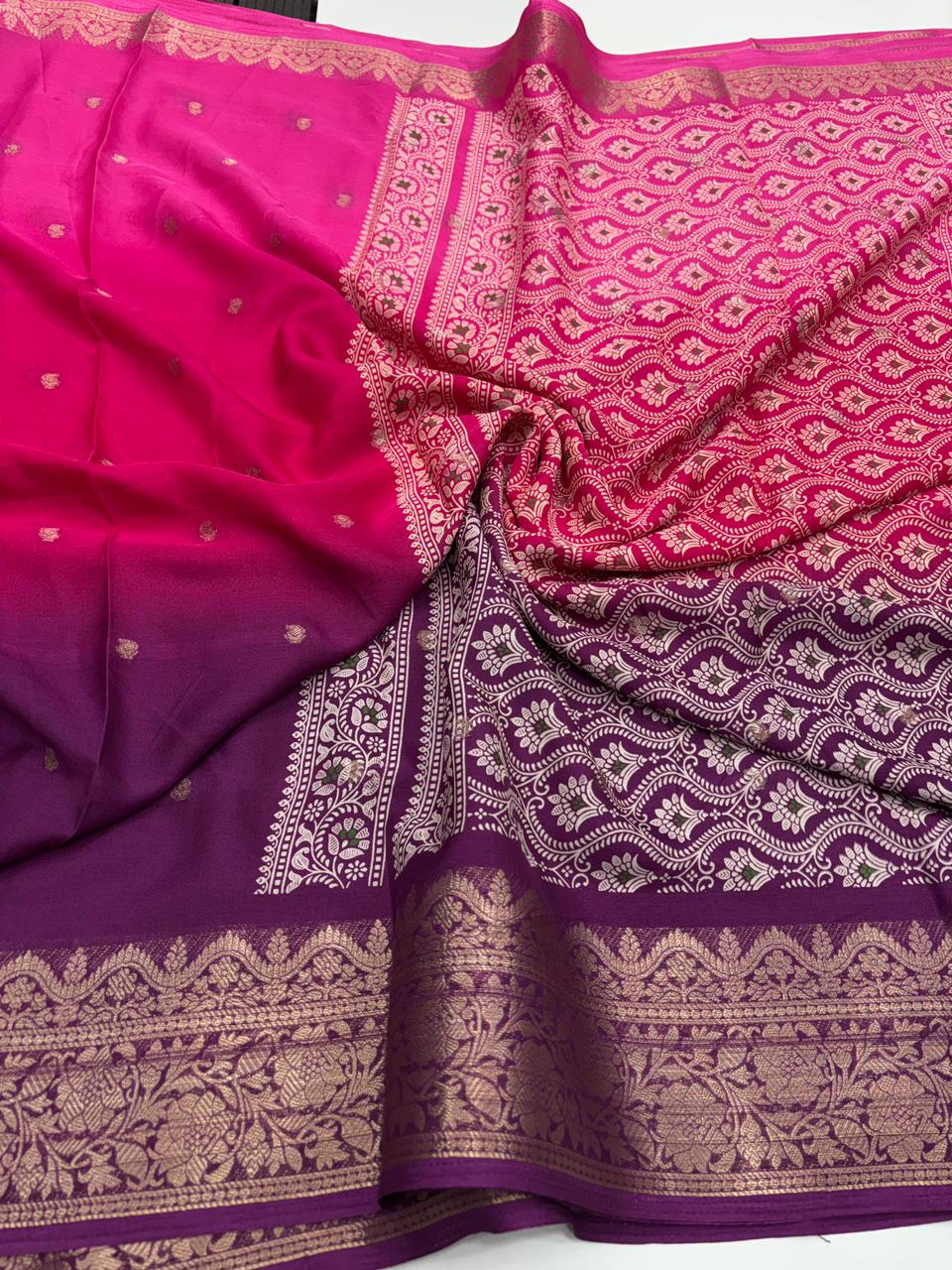 Redolent Function Wear Double Shaded Pure Soft Crape Silk Jacquard Border Fancy Designer Saree For Women