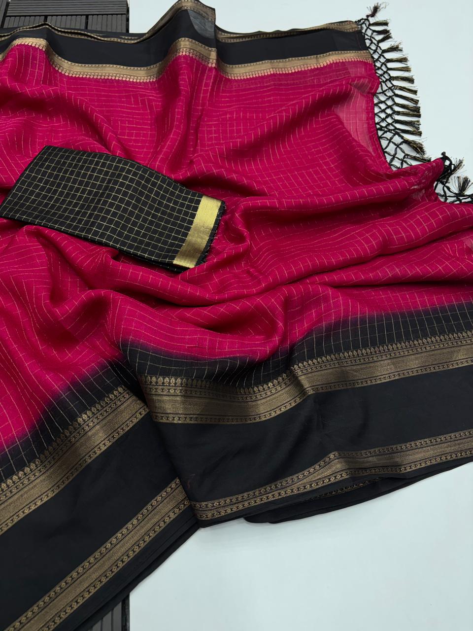 Effervescent Function Wear Pure Soft Dola Silk Chex Design Jacquard Border Fancy Designer Saree