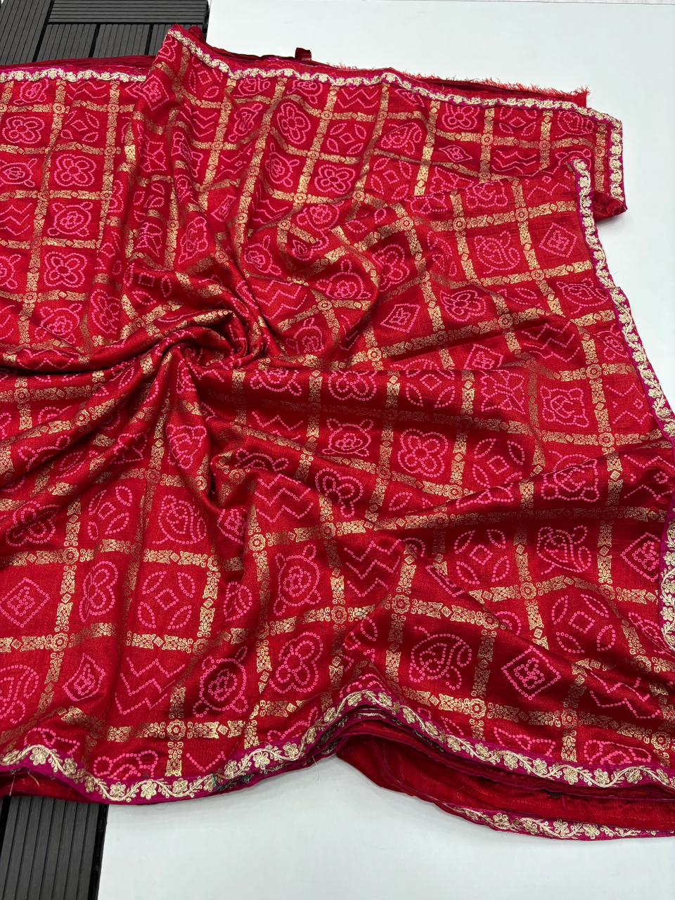 Elegant Wedding Wear Pure Vichitra Silk Foil Print Sequence Lace Work Fancy Designer Saree For Wedding