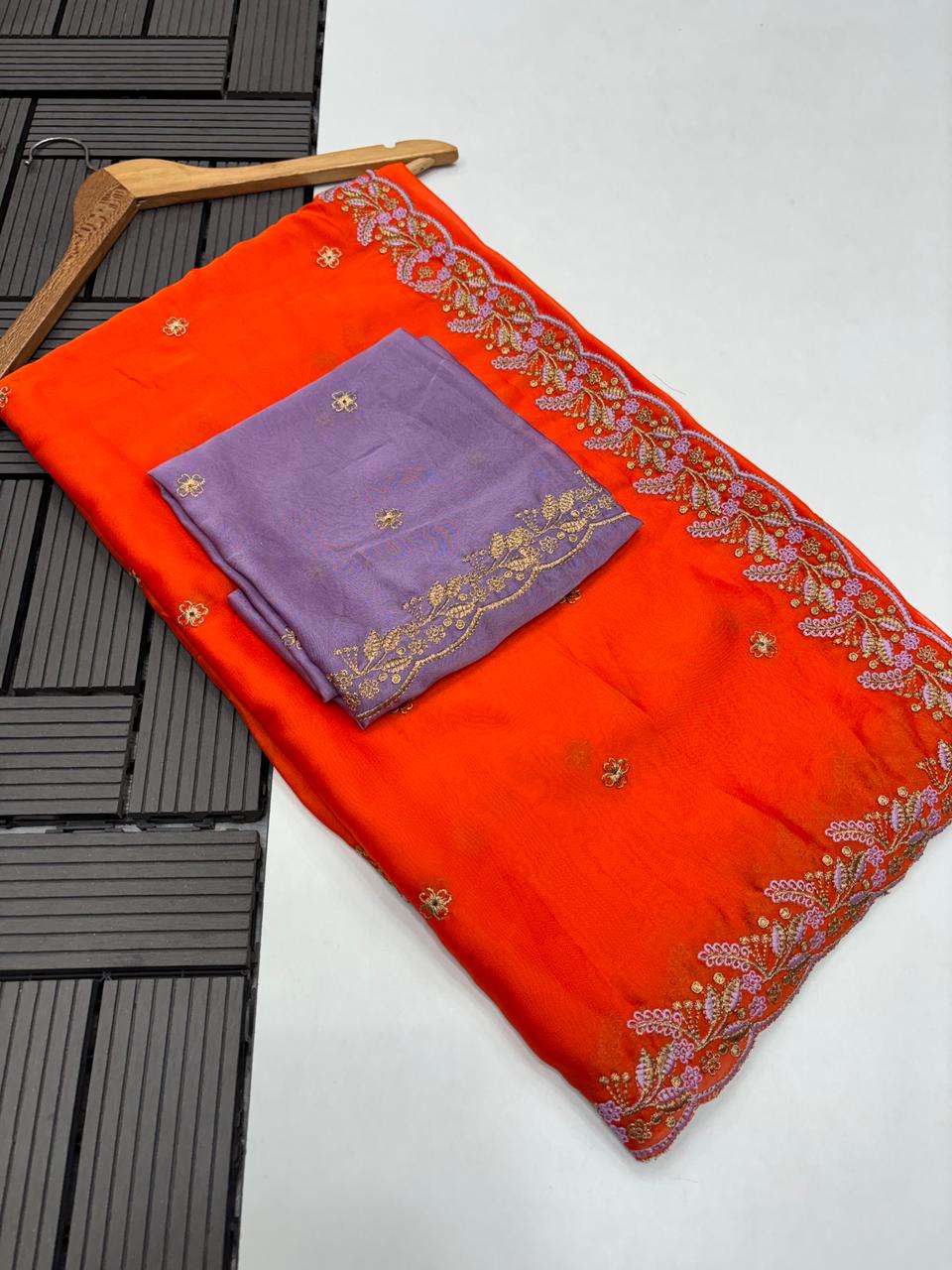 Delightful Function Wear Soft Rangoli Silk Embriodery n Sequence Work Fancy Saree With Adorned Contrast Blouse Piece