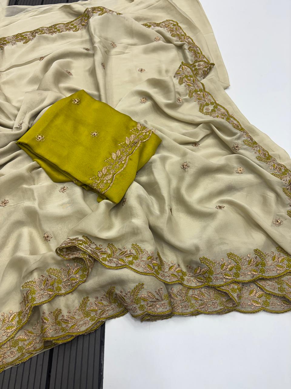 Delightful Function Wear Soft Rangoli Silk Embriodery n Sequence Work Fancy Saree With Adorned Contrast Blouse Piece