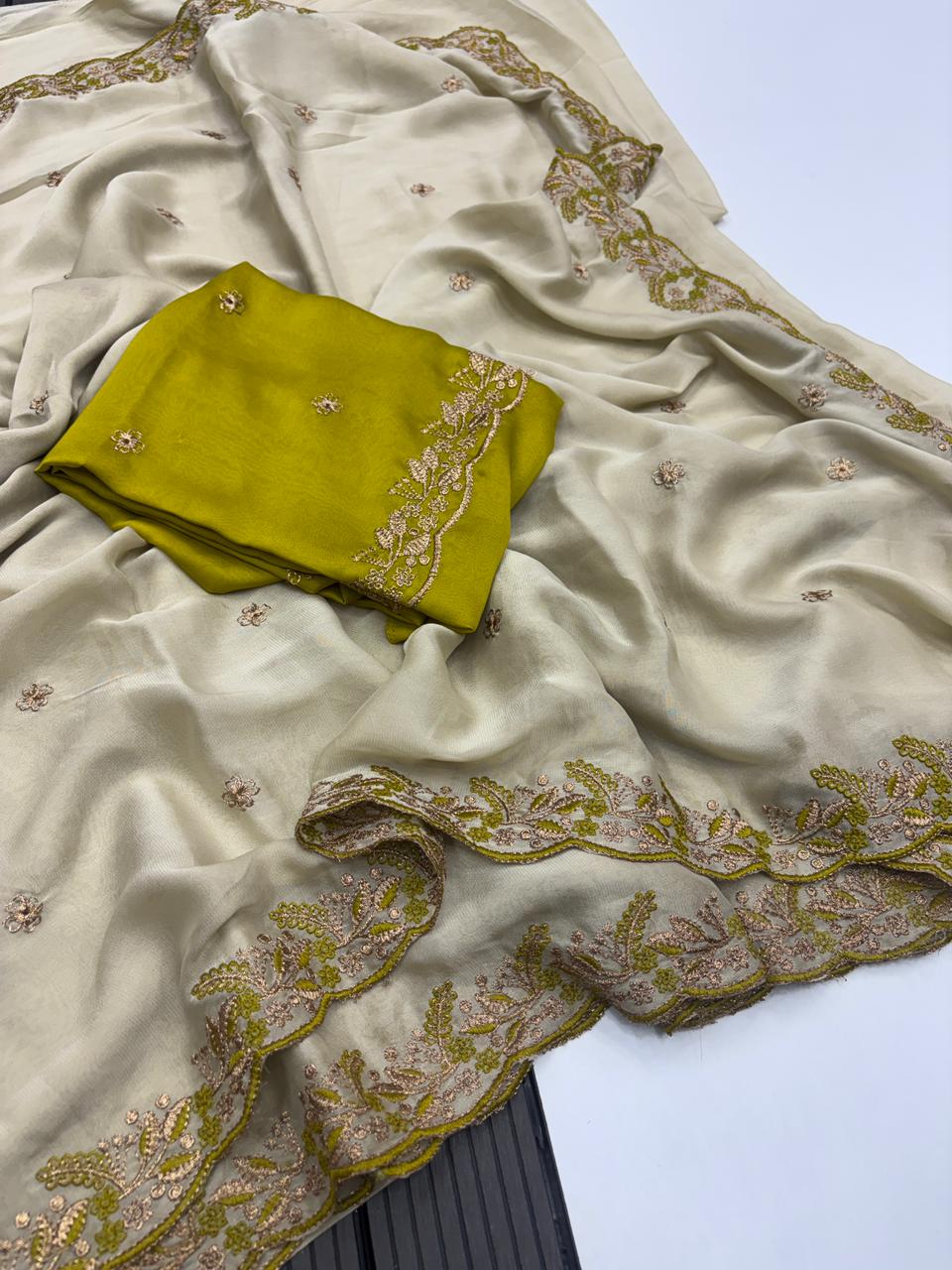 Delightful Function Wear Soft Rangoli Silk Embriodery n Sequence Work Fancy Saree With Adorned Contrast Blouse Piece