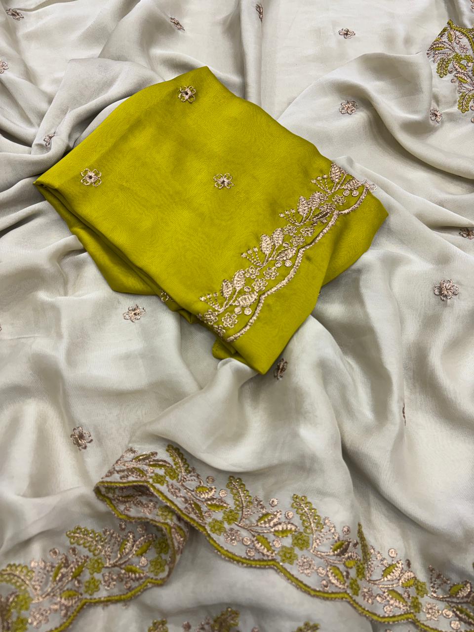 Delightful Function Wear Soft Rangoli Silk Embriodery n Sequence Work Fancy Saree With Adorned Contrast Blouse Piece