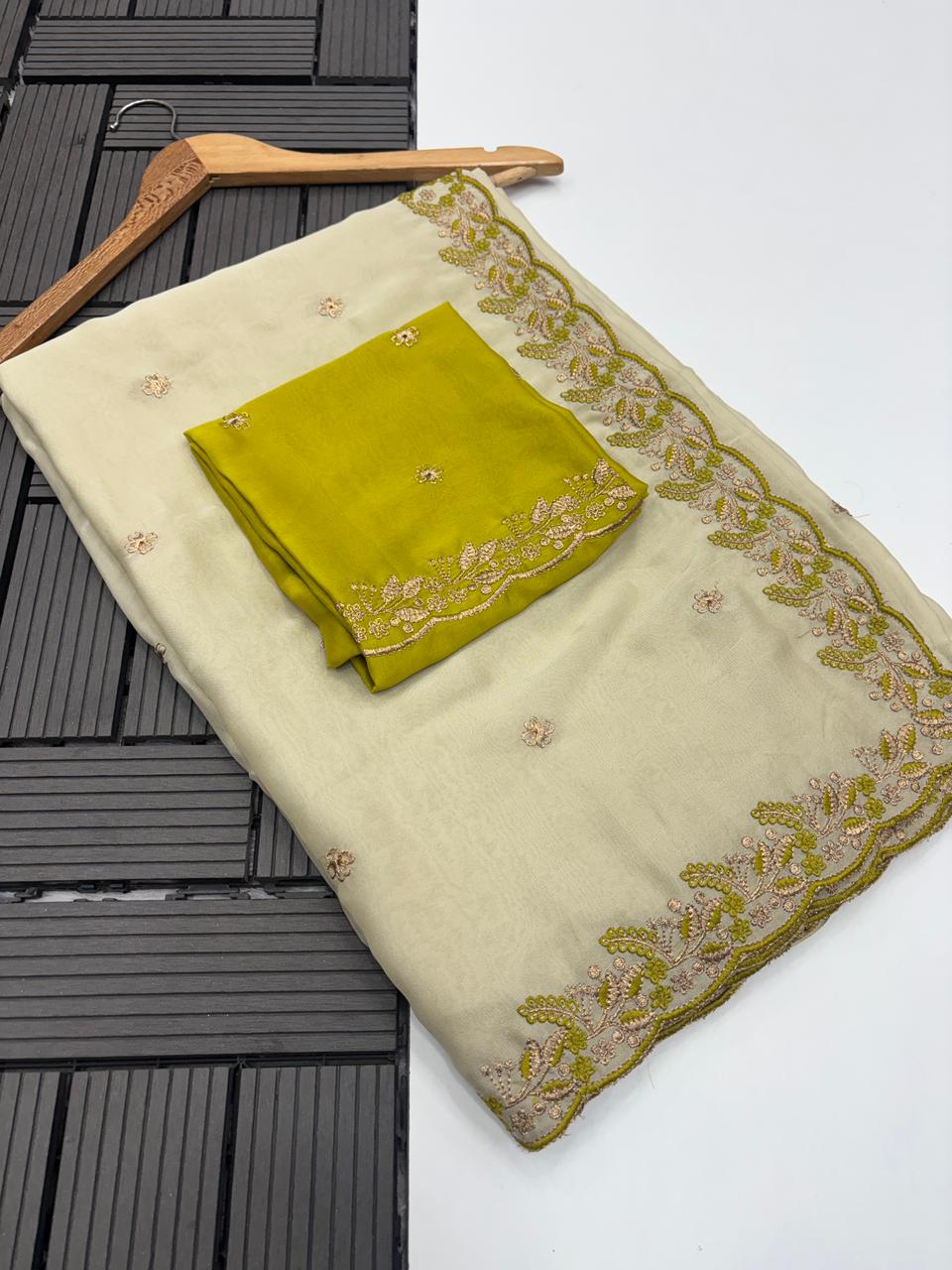 Delightful Function Wear Soft Rangoli Silk Embriodery n Sequence Work Fancy Saree With Adorned Contrast Blouse Piece