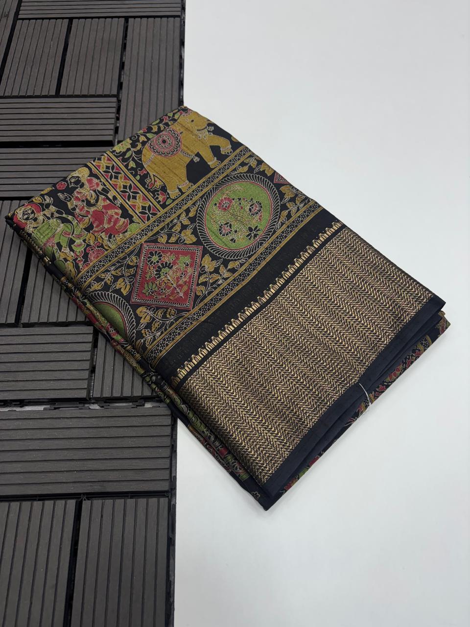 Charming Festive Wear Black Colour Pure Soft Dola Silk Printed n Zari Border Fancy Designer Saree With Blouse