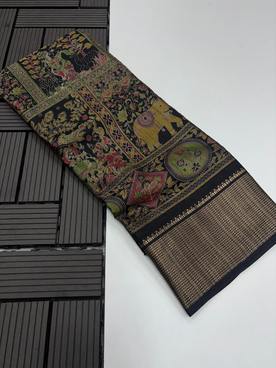 Charming Festive Wear Black Colour Pure Soft Dola Silk Printed n Zari Border Fancy Designer Saree With Blouse