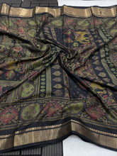 Load image into Gallery viewer, Charming Festive Wear Black Colour Pure Soft Dola Silk Printed n Zari Border Fancy Designer Saree With Blouse
