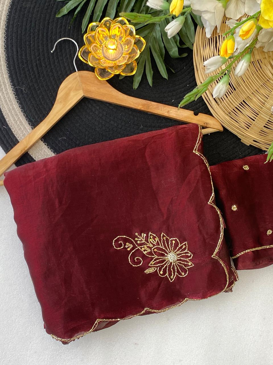Glamorous Party Wear Red Colour Soft Silk Handwork Butta Fancy Designer Saree For Wedding