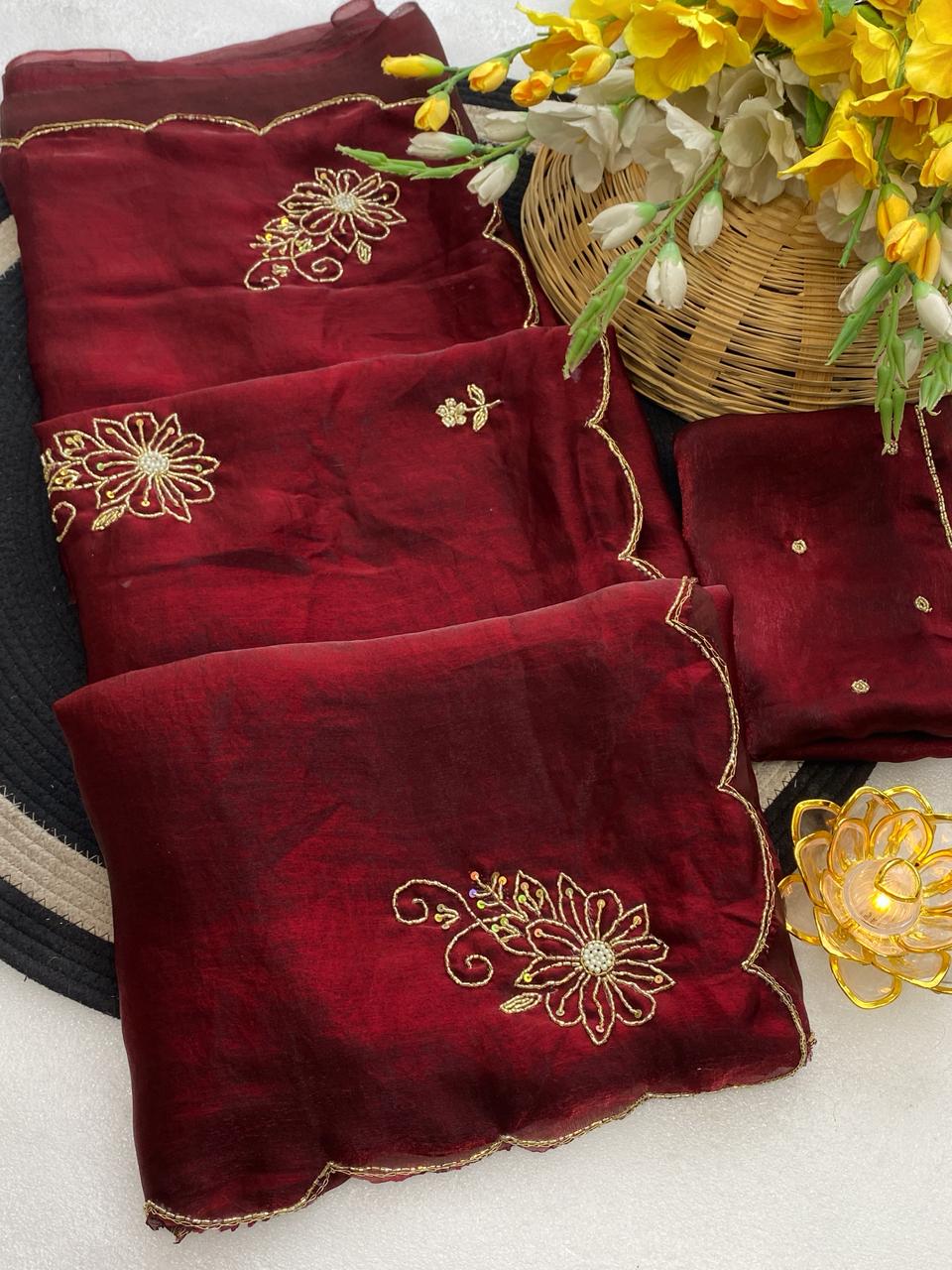 Glamorous Party Wear Red Colour Soft Silk Handwork Butta Fancy Designer Saree For Wedding