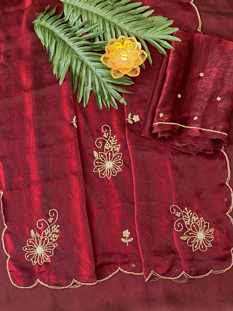 Glamorous Party Wear Red Colour Soft Silk Handwork Butta Fancy Designer Saree For Wedding