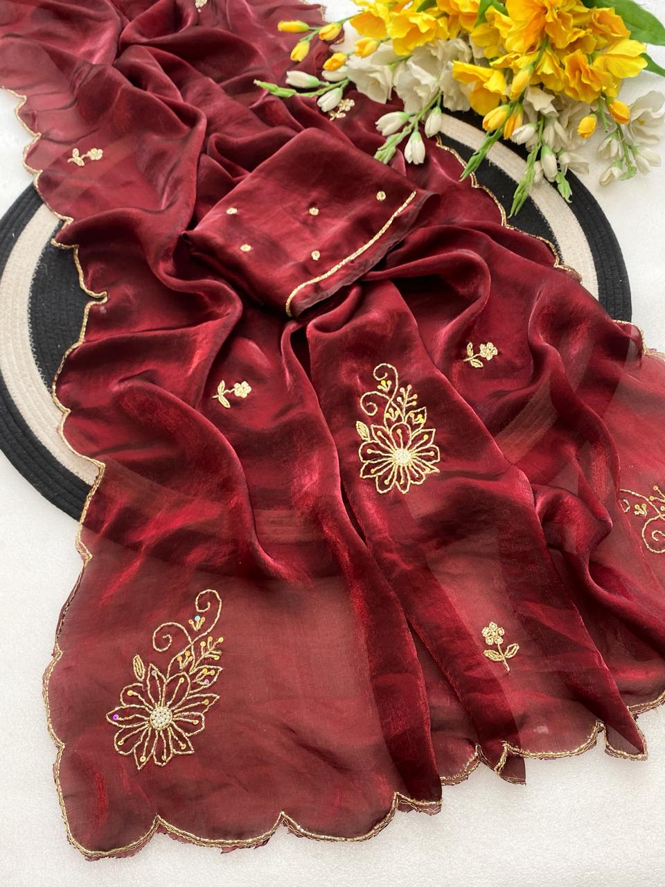 Glamorous Party Wear Red Colour Soft Silk Handwork Butta Fancy Designer Saree For Wedding