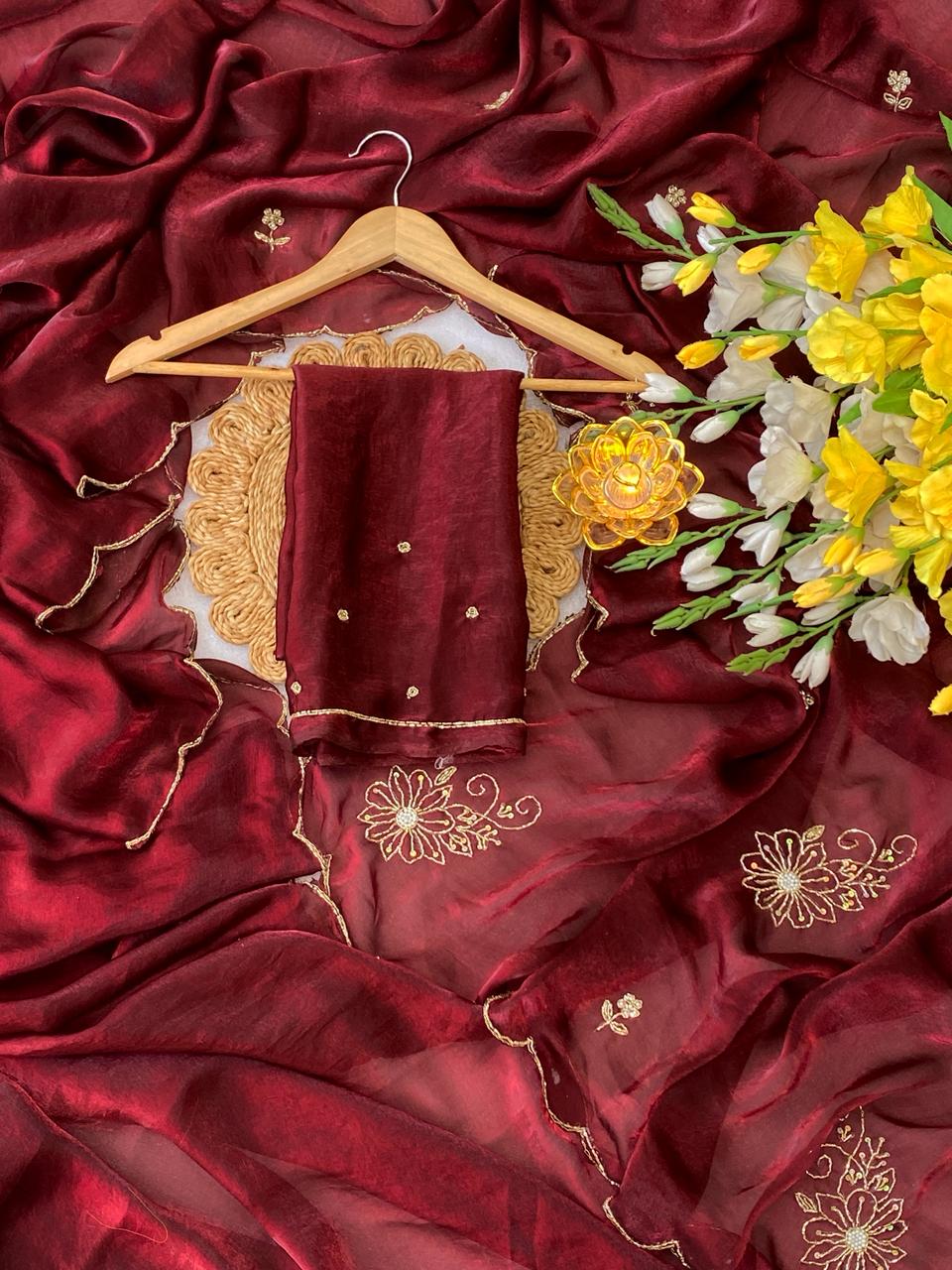 Glamorous Party Wear Red Colour Soft Silk Handwork Butta Fancy Designer Saree For Wedding