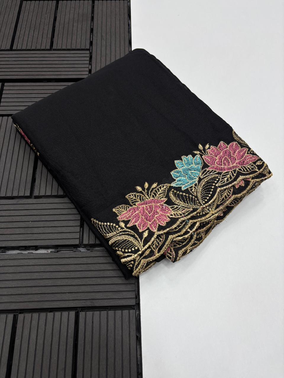Elegant Party Wear Black Colour Viscose Rangoli Silk Thread Embroidery Mirror Work Designer Saree With Blouse Piece