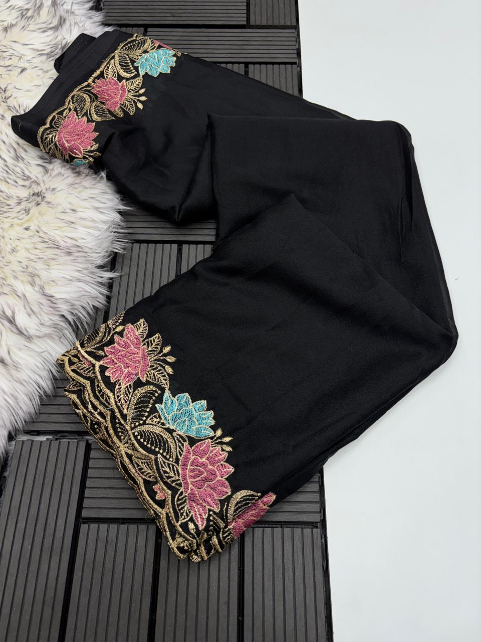 Elegant Party Wear Black Colour Viscose Rangoli Silk Thread Embroidery Mirror Work Designer Saree With Blouse Piece