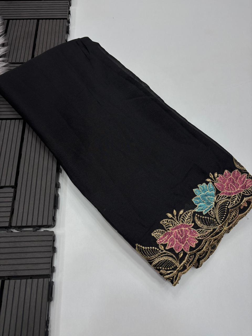 Elegant Party Wear Black Colour Viscose Rangoli Silk Thread Embroidery Mirror Work Designer Saree With Blouse Piece