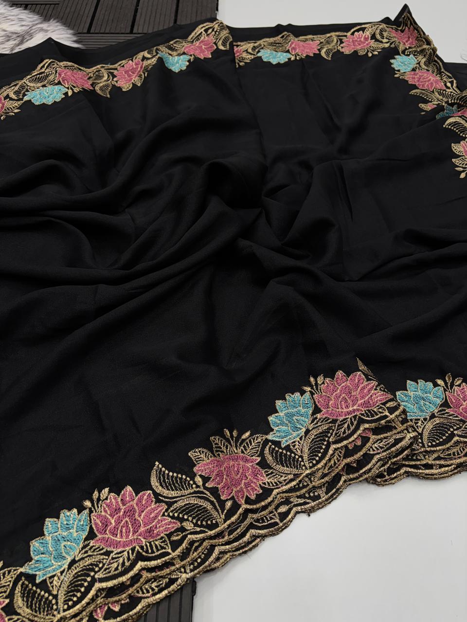 Elegant Party Wear Black Colour Viscose Rangoli Silk Thread Embroidery Mirror Work Designer Saree With Blouse Piece