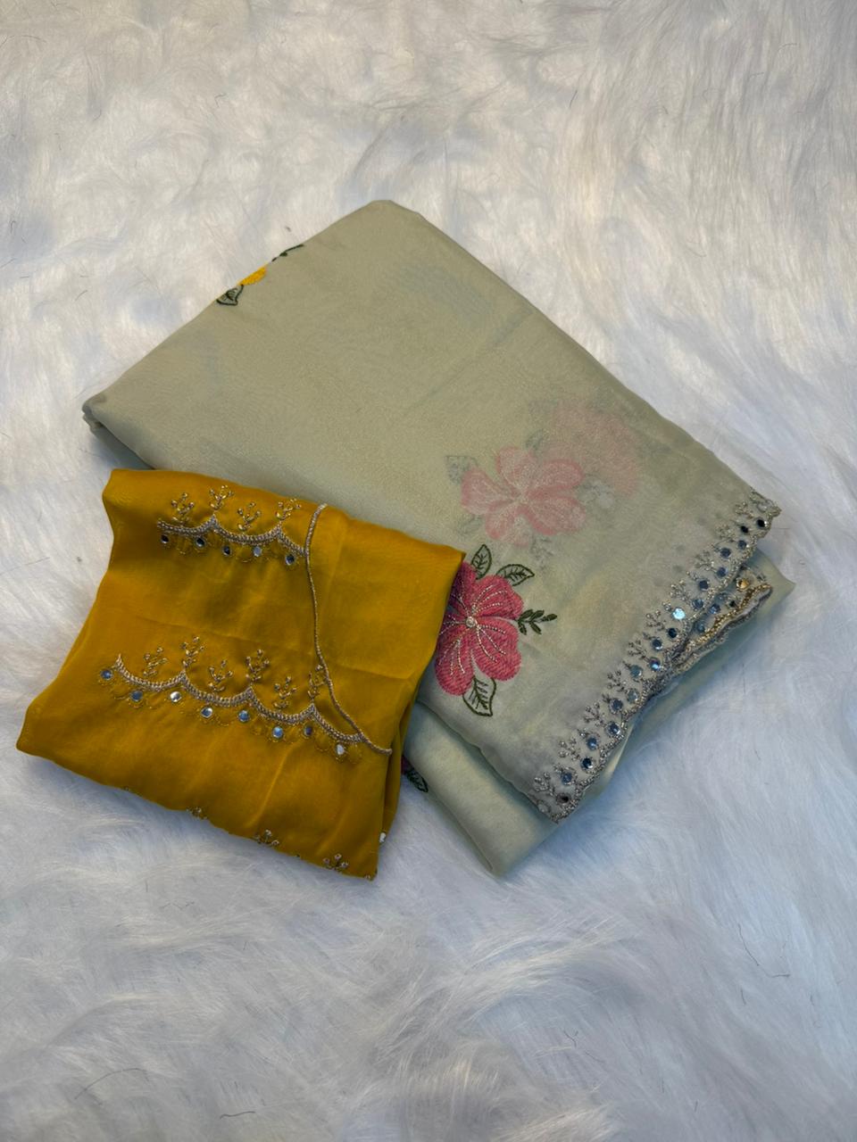 Graceful Festive Wear Georgette Multi Embroidery n Mirror Work Fancy Designer Saree With Contrast Blouse Piece