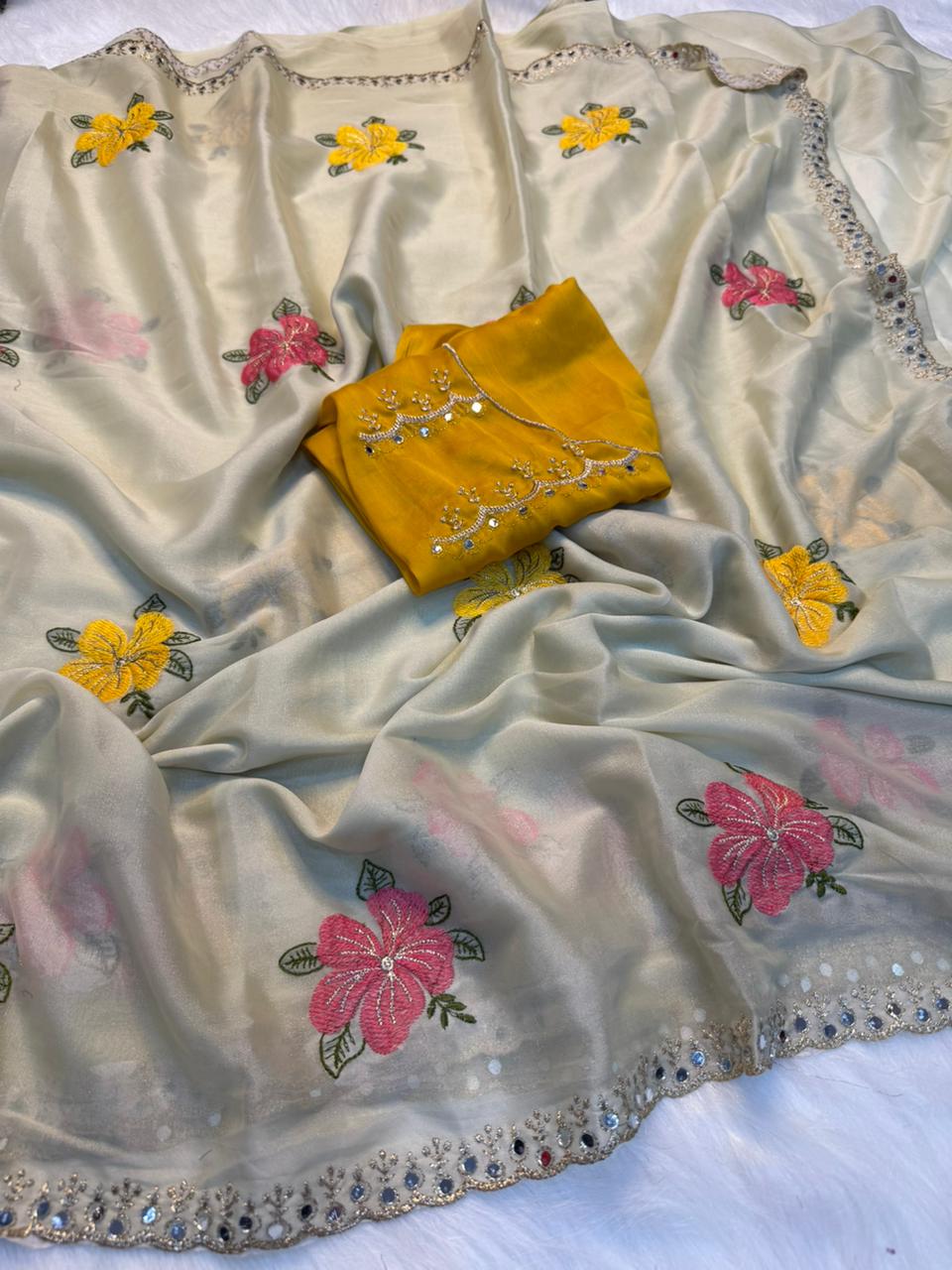 Graceful Festive Wear Georgette Multi Embroidery n Mirror Work Fancy Designer Saree With Contrast Blouse Piece