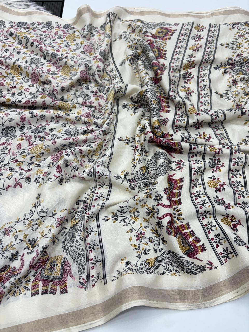 Imaginative Festive Wear Pure Soft Kashmiri Cotton Silk Designer Printed n Rich Pallu Saree With Blouse Piece