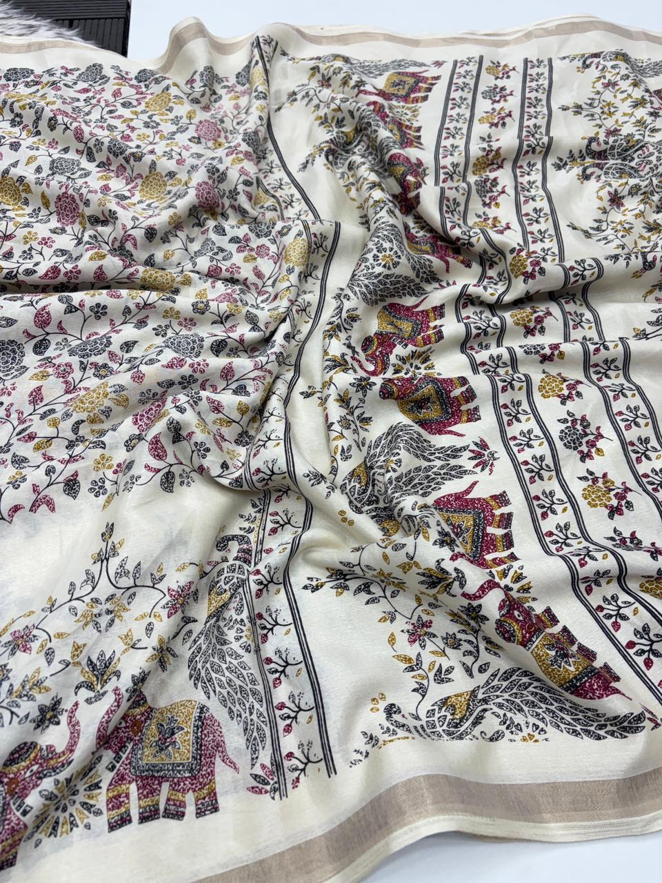 Imaginative Festive Wear Pure Soft Kashmiri Cotton Silk Designer Printed n Rich Pallu Saree With Blouse Piece