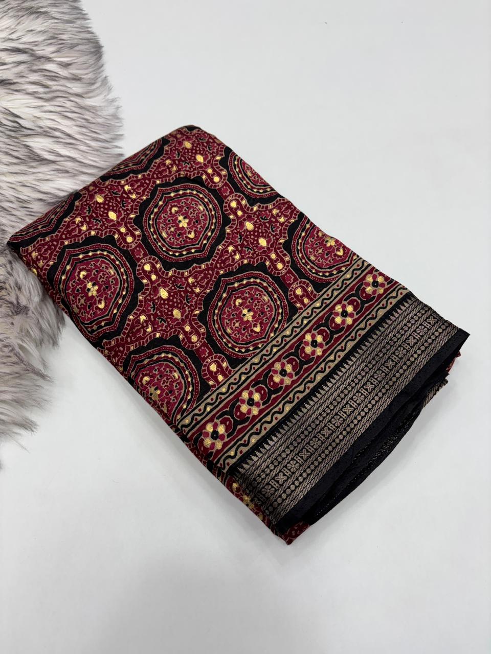 Evocative Function Wear Pure Viscouse Silk Ajrak Printed Rich Pallu n Fancy Designer Saree Blissful With Blouse