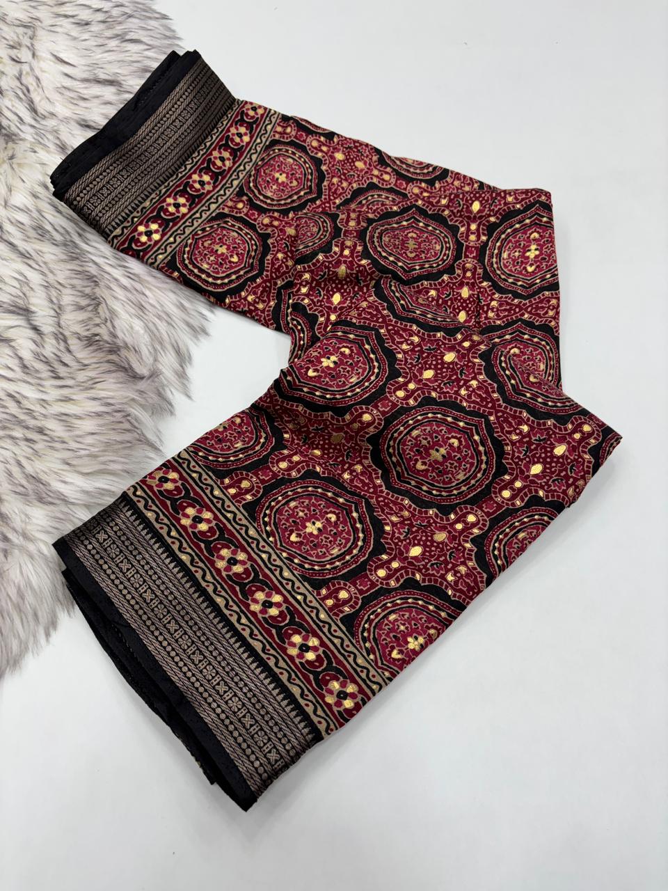 Evocative Function Wear Pure Viscouse Silk Ajrak Printed Rich Pallu n Fancy Designer Saree Blissful With Blouse