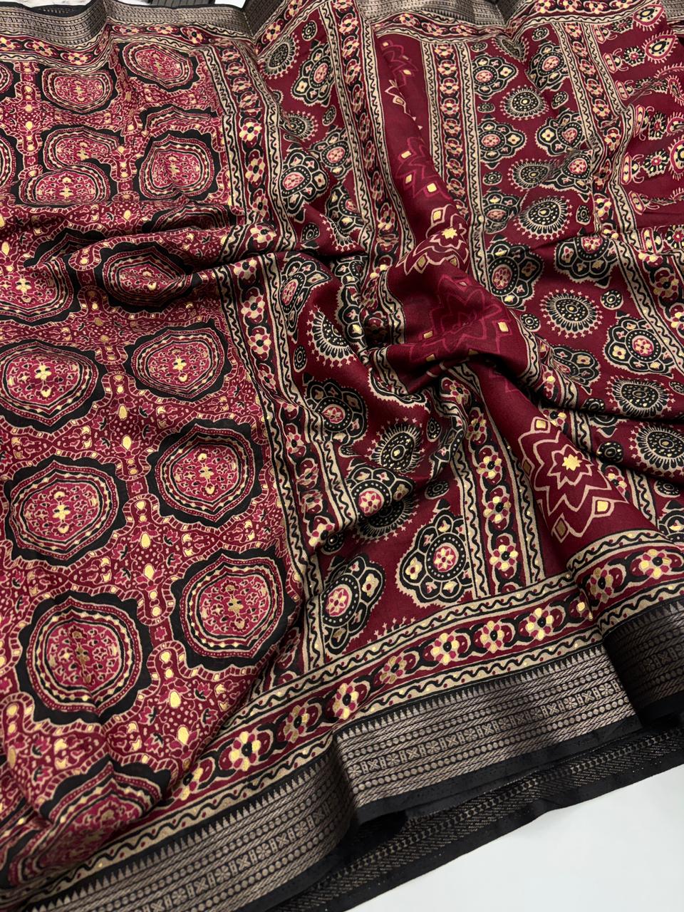 Evocative Function Wear Pure Viscouse Silk Ajrak Printed Rich Pallu n Fancy Designer Saree Blissful With Blouse