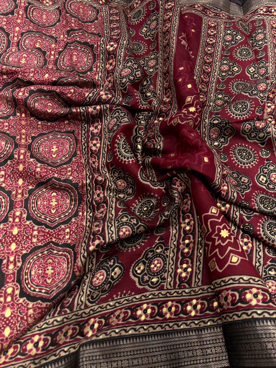Evocative Function Wear Pure Viscouse Silk Ajrak Printed Rich Pallu n Fancy Designer Saree Blissful With Blouse