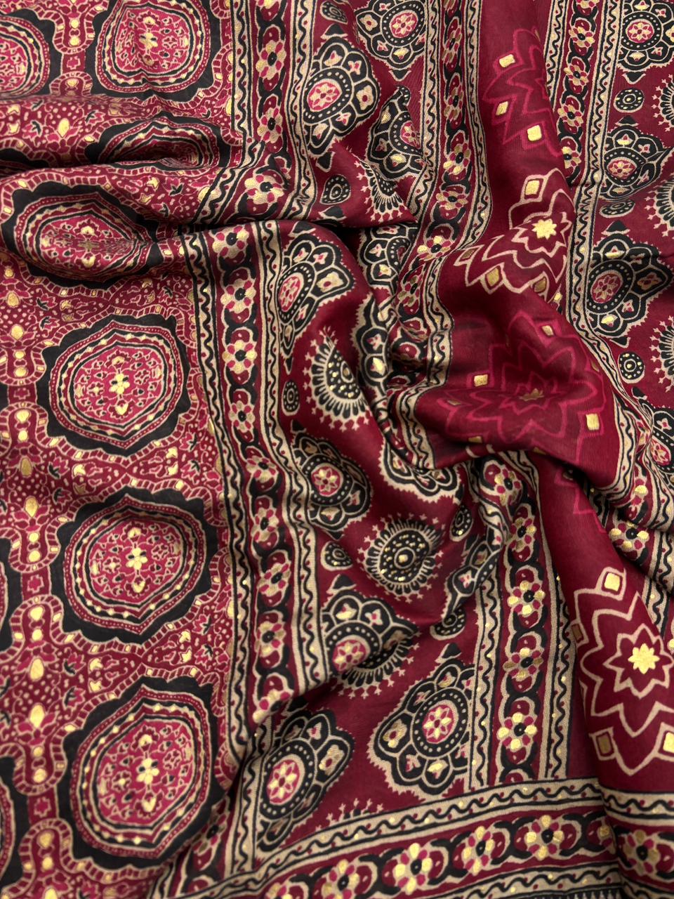 Evocative Function Wear Pure Viscouse Silk Ajrak Printed Rich Pallu n Fancy Designer Saree Blissful With Blouse