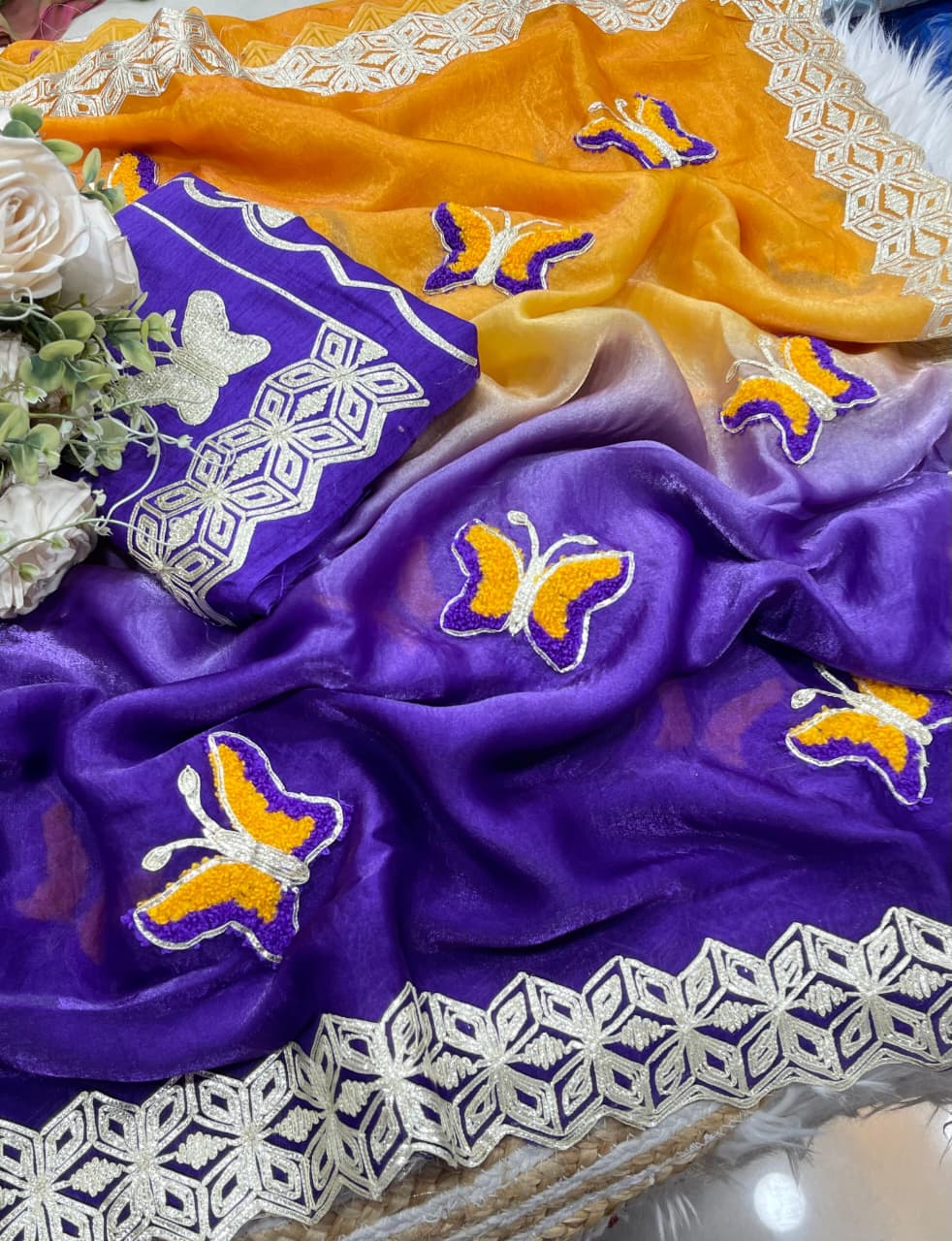 Mellifluous Function Wear Embroidery Flower Butties n Arco Cut Work Border Designer Saree With Unstitched Blouse