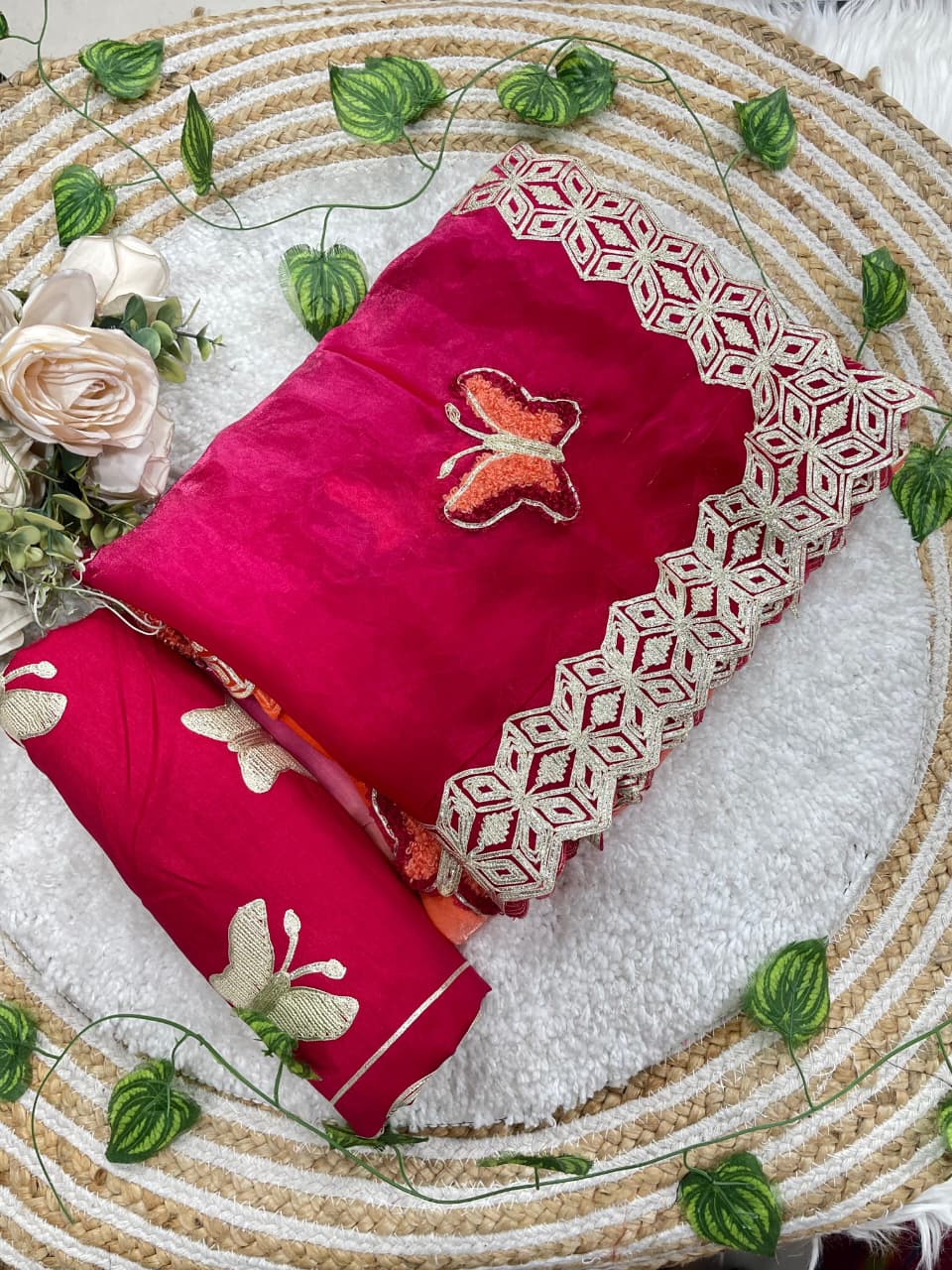 Mellifluous Function Wear Embroidery Flower Butties n Arco Cut Work Border Designer Saree With Unstitched Blouse