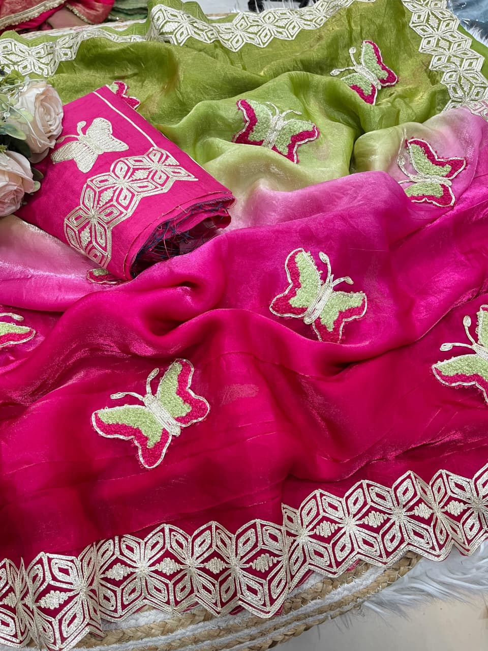 Mellifluous Function Wear Embroidery Flower Butties n Arco Cut Work Border Designer Saree With Unstitched Blouse