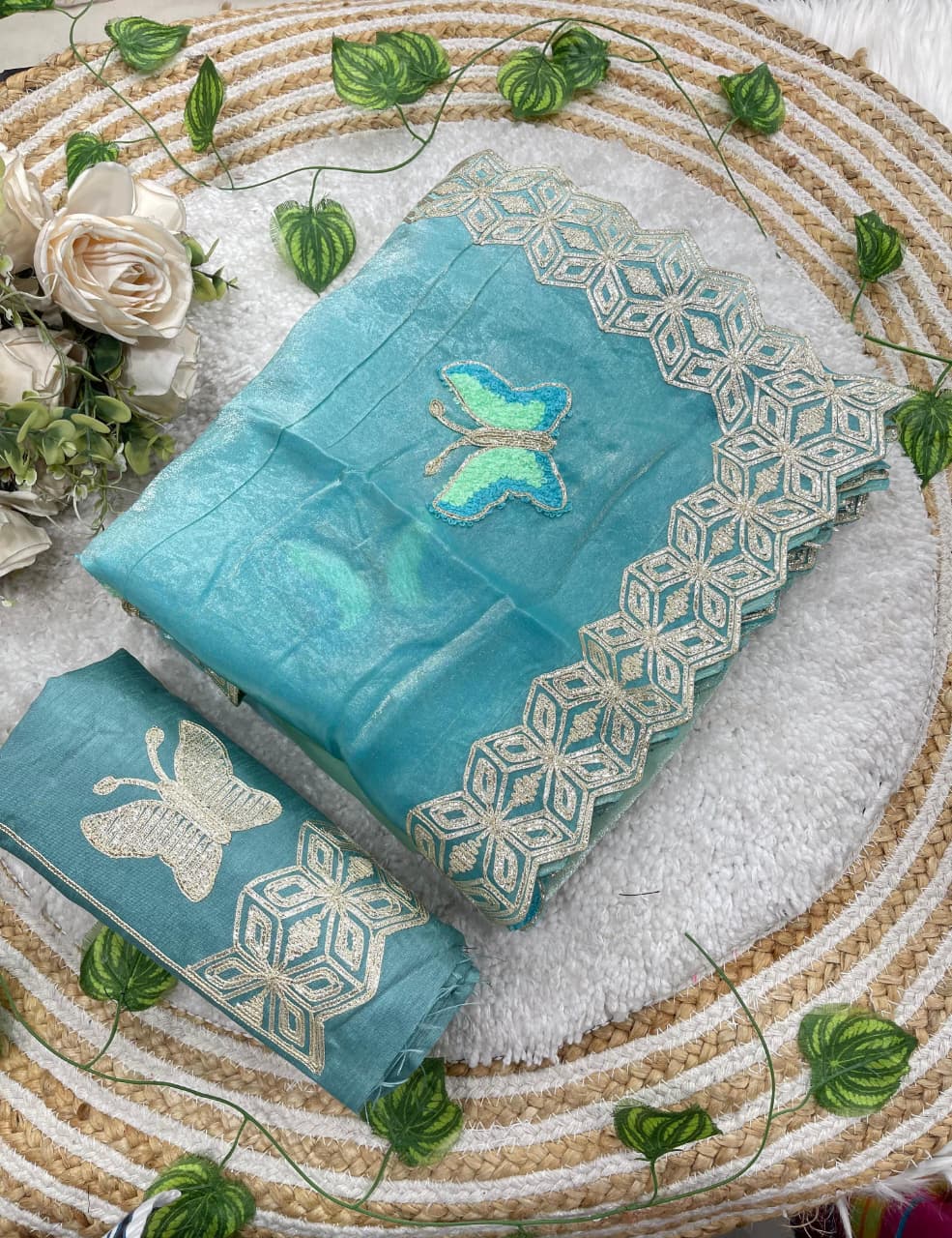 Mellifluous Function Wear Embroidery Flower Butties n Arco Cut Work Border Designer Saree With Unstitched Blouse