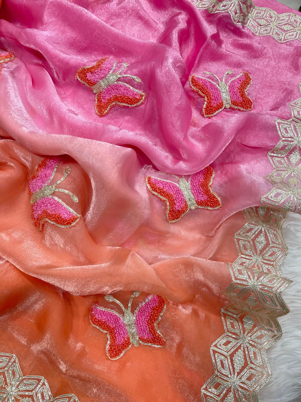 Mellifluous Function Wear Embroidery Flower Butties n Arco Cut Work Border Designer Saree With Unstitched Blouse
