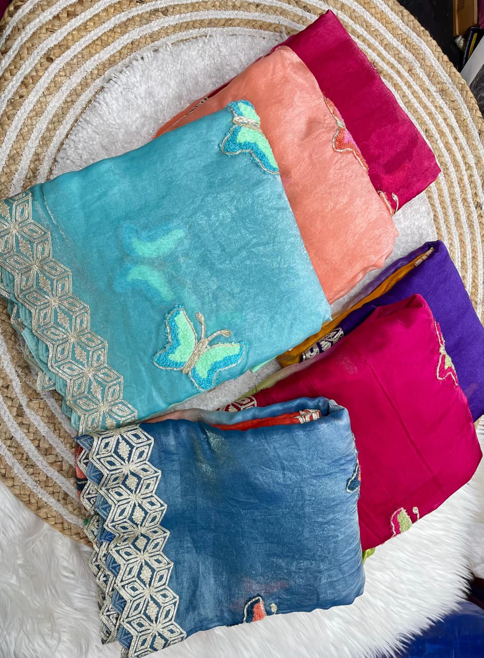 Mellifluous Function Wear Embroidery Flower Butties n Arco Cut Work Border Designer Saree With Unstitched Blouse