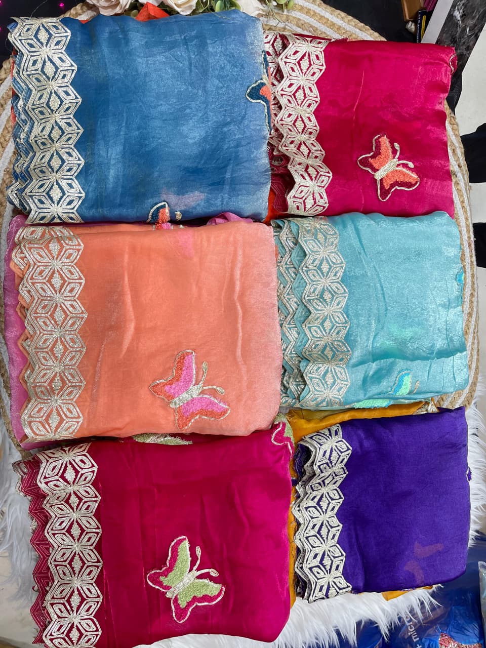 Mellifluous Function Wear Embroidery Flower Butties n Arco Cut Work Border Designer Saree With Unstitched Blouse