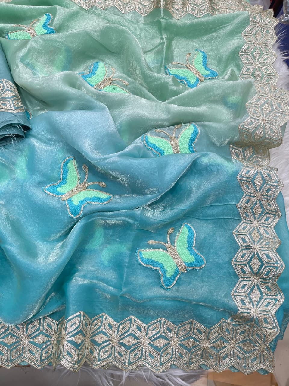 Mellifluous Function Wear Embroidery Flower Butties n Arco Cut Work Border Designer Saree With Unstitched Blouse