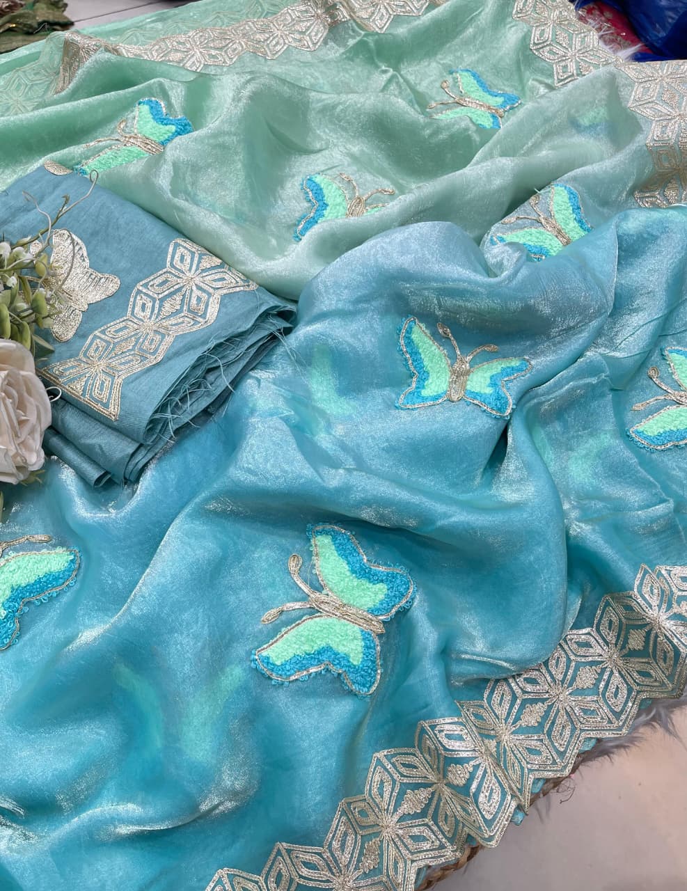 Mellifluous Function Wear Embroidery Flower Butties n Arco Cut Work Border Designer Saree With Unstitched Blouse