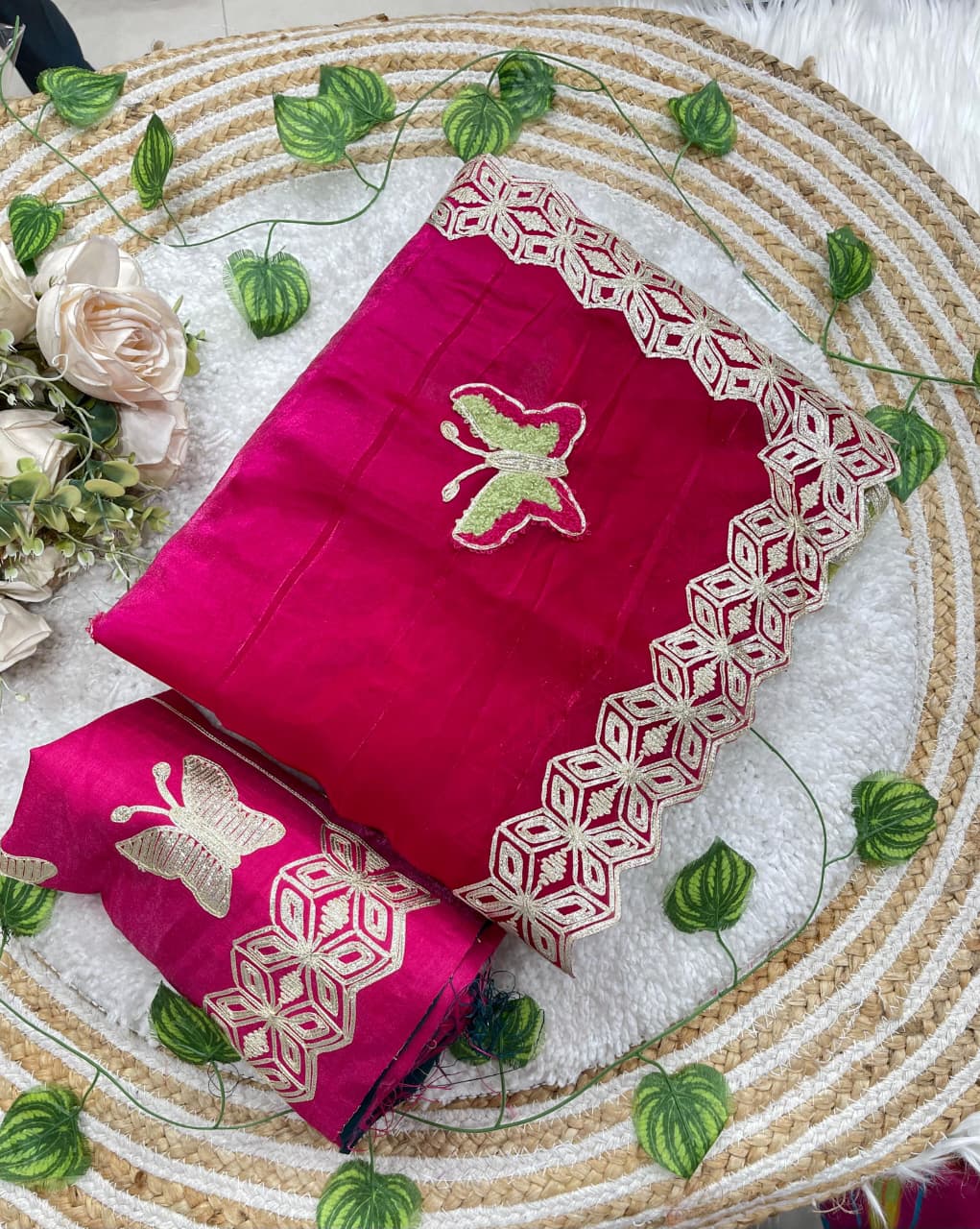 Mellifluous Function Wear Embroidery Flower Butties n Arco Cut Work Border Designer Saree With Unstitched Blouse