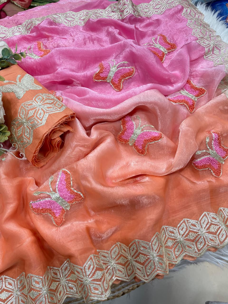 Mellifluous Function Wear Embroidery Flower Butties n Arco Cut Work Border Designer Saree With Unstitched Blouse