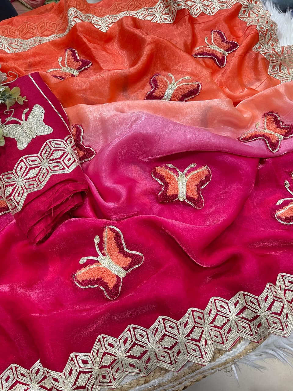 Mellifluous Function Wear Embroidery Flower Butties n Arco Cut Work Border Designer Saree With Unstitched Blouse