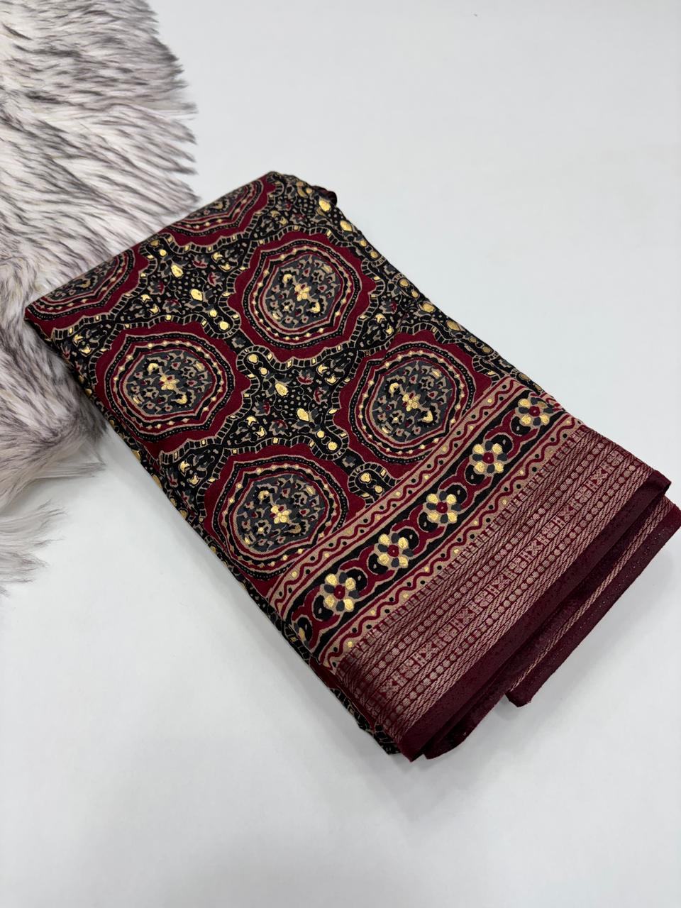 Evocative Function Wear Pure Viscouse Silk Ajrak Printed Rich Pallu n Fancy Designer Saree Blissful With Blouse