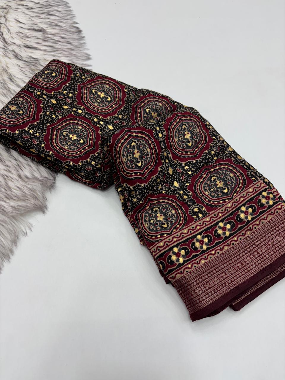 Evocative Function Wear Pure Viscouse Silk Ajrak Printed Rich Pallu n Fancy Designer Saree Blissful With Blouse