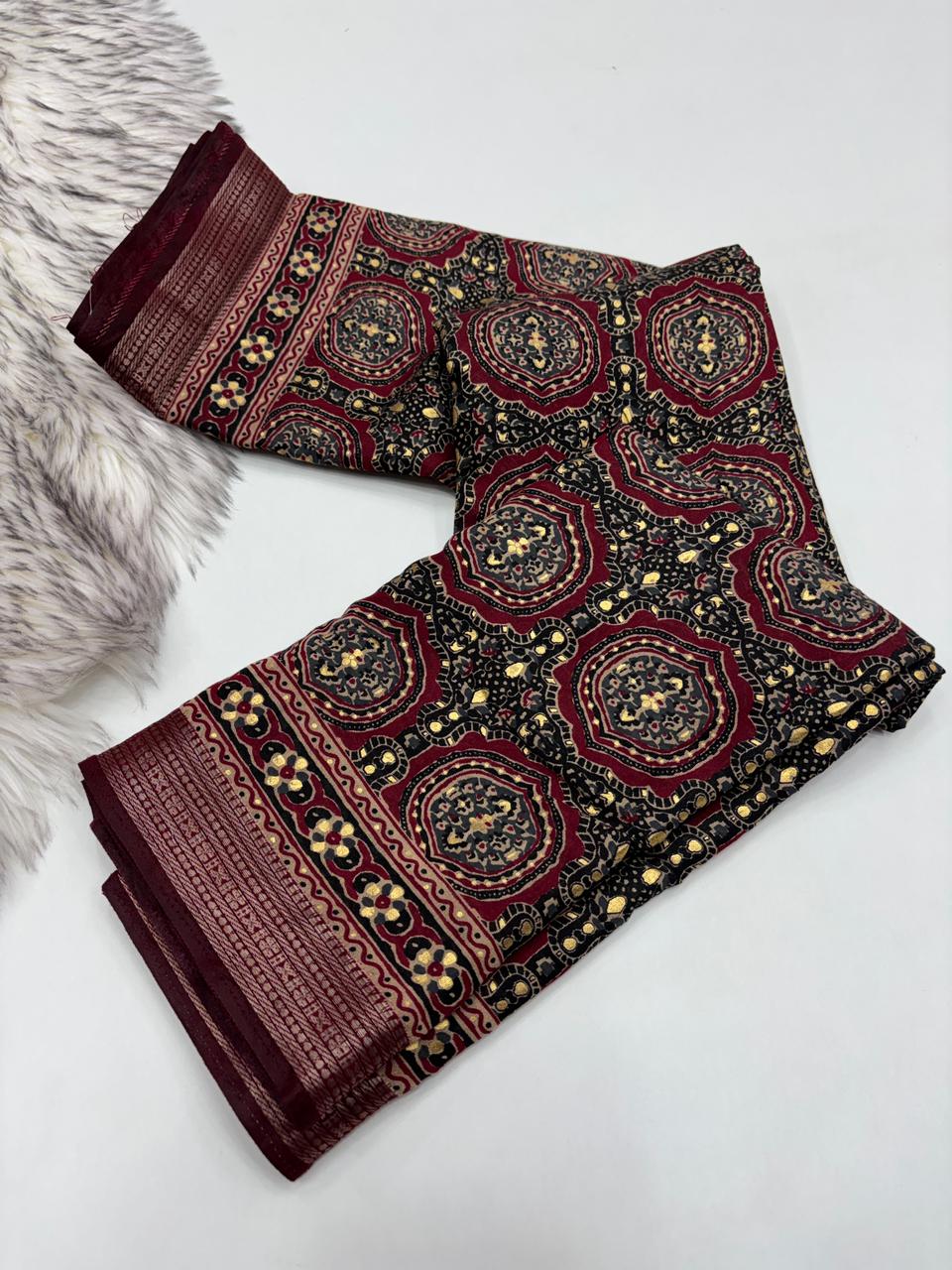 Evocative Function Wear Pure Viscouse Silk Ajrak Printed Rich Pallu n Fancy Designer Saree Blissful With Blouse