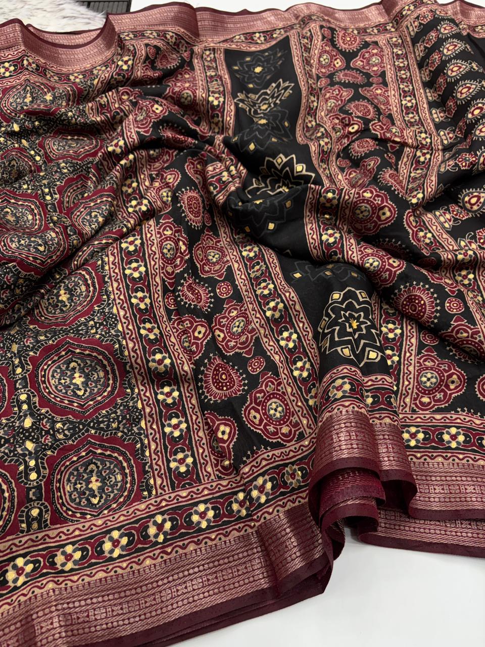Evocative Function Wear Pure Viscouse Silk Ajrak Printed Rich Pallu n Fancy Designer Saree Blissful With Blouse
