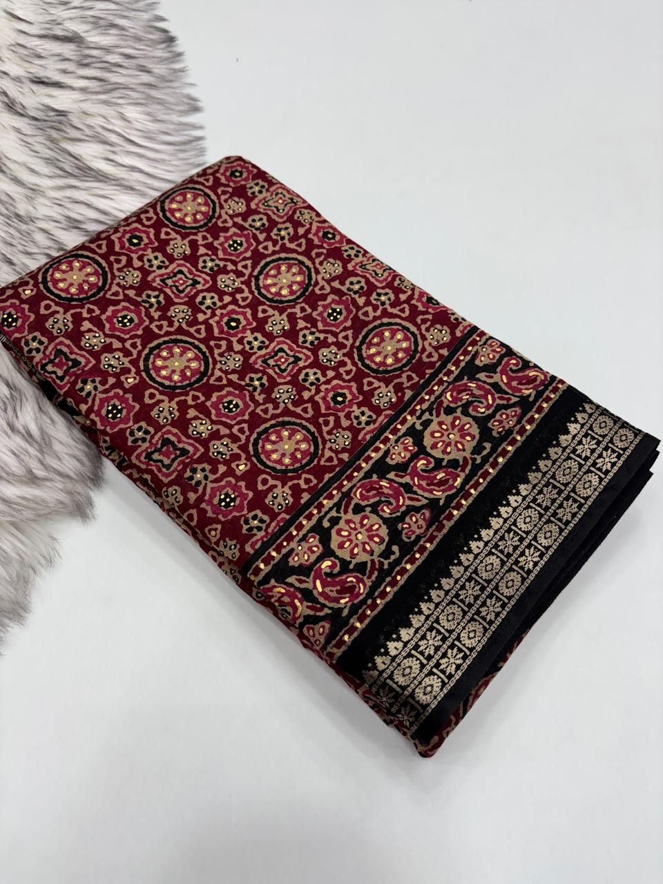 Charming Function Wear Pure Viscouse Silk Ajrak Printed Rich Pallu n Fancy Designer Saree With Blouse Piece